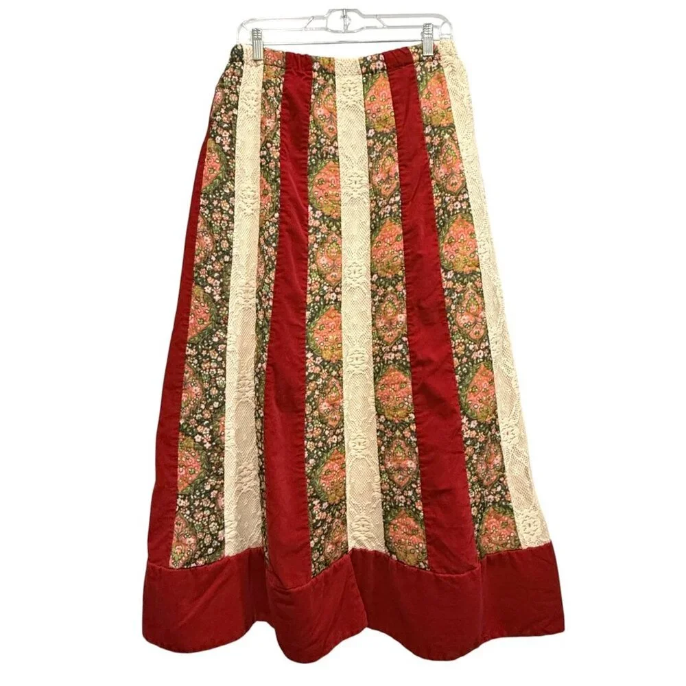 VTG 70s Chessa Davis Velvet Lace Cottagecore Prairie Maxi Skirt Holiday Size M? - Picture 1 of 15